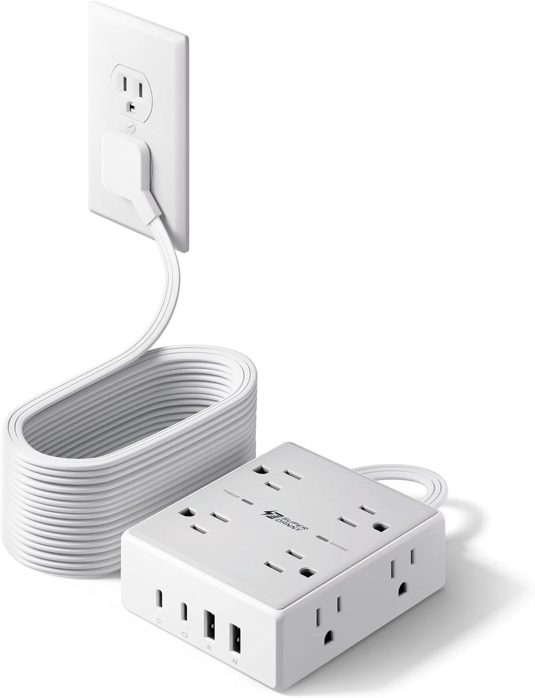 SUPERDANNY Extension Cord,Flat Plug Surge Protector Power Strip,10Ft